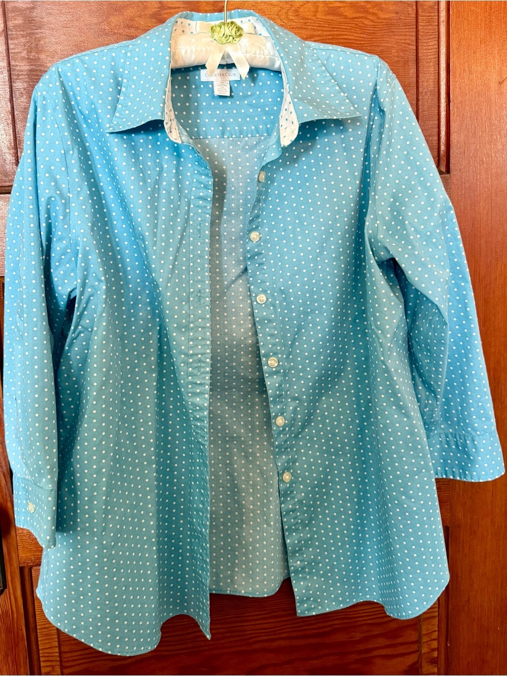 Charter Club Teal Blue Shirt Blouse Top with White Polka Dots Size 14 Iron Free